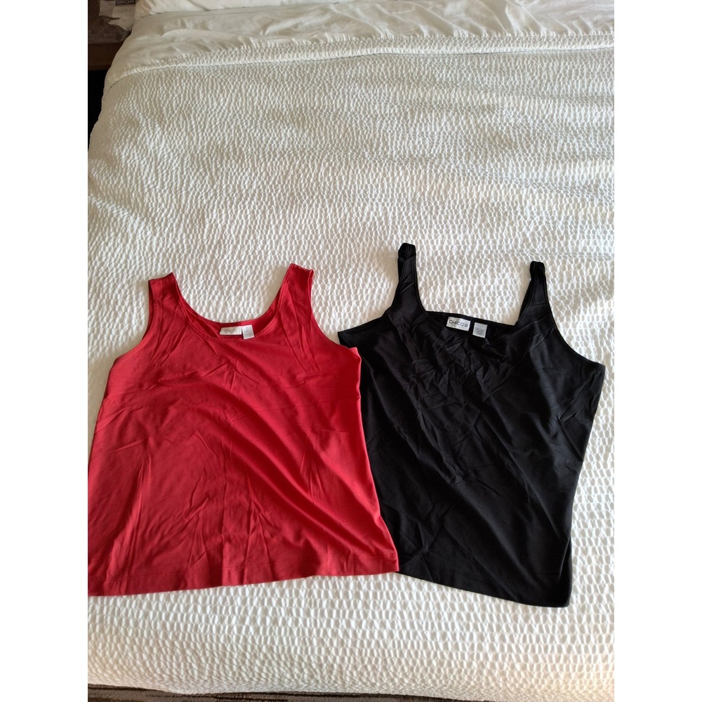 Chicos Tank Top Bundle Red Scoop Neck Black Adjustable Strap Size 2 Large Lot 2